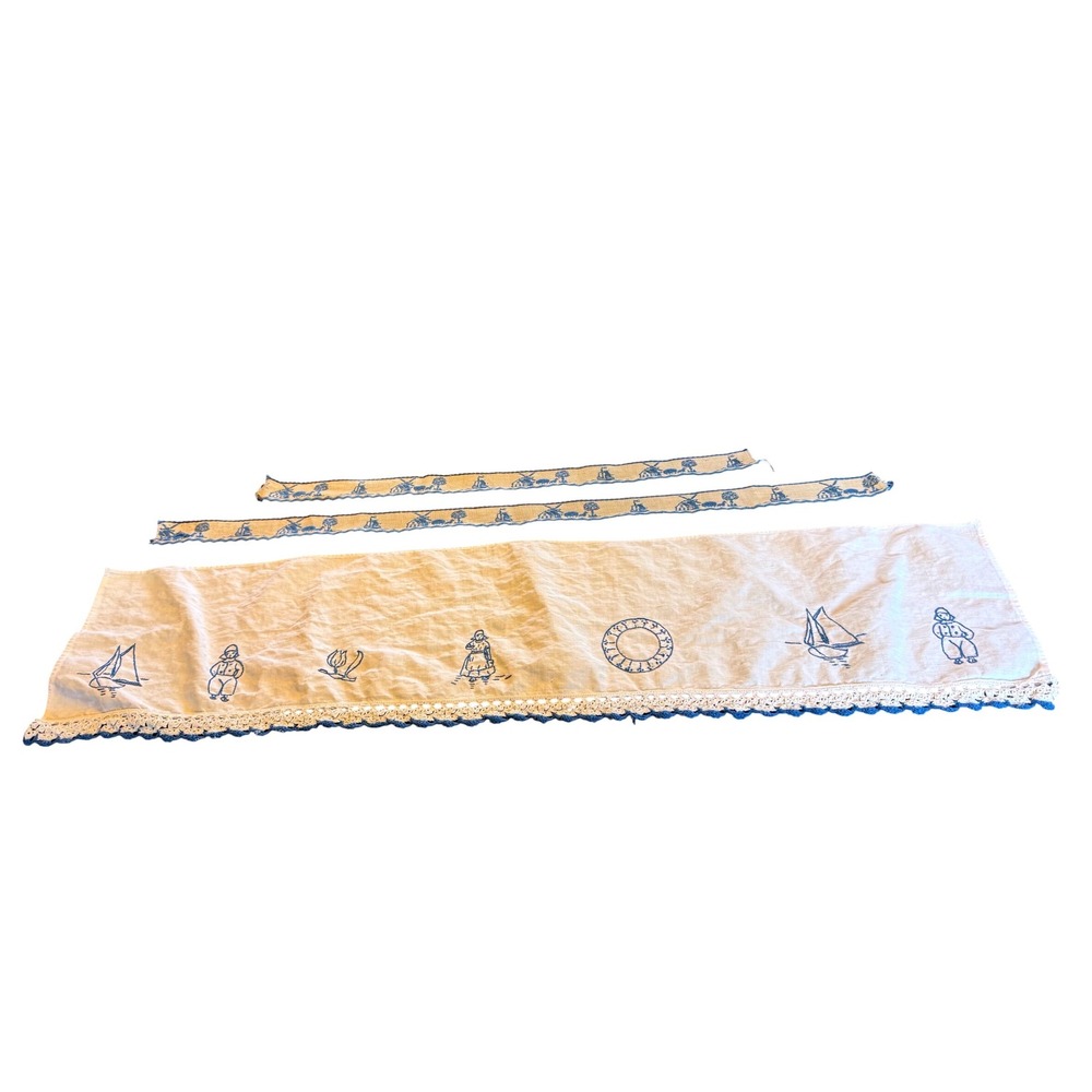 Vintage Dutch Blue Embroidery Valance Set
